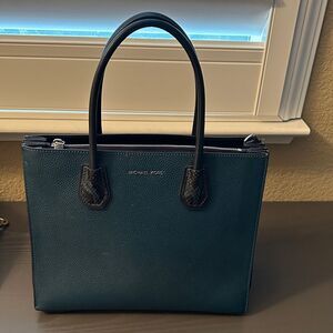 Michael Kors Dark Teal Blue Satchel Tote Accordion Snakeskin print on Handles